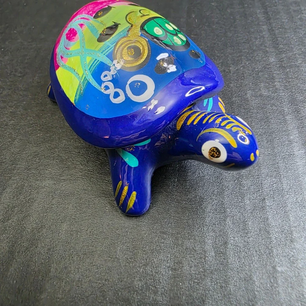 Folk Art Blue Ceramic Sea Turtle Trinket Box Talavera Decor Jewelry Dish